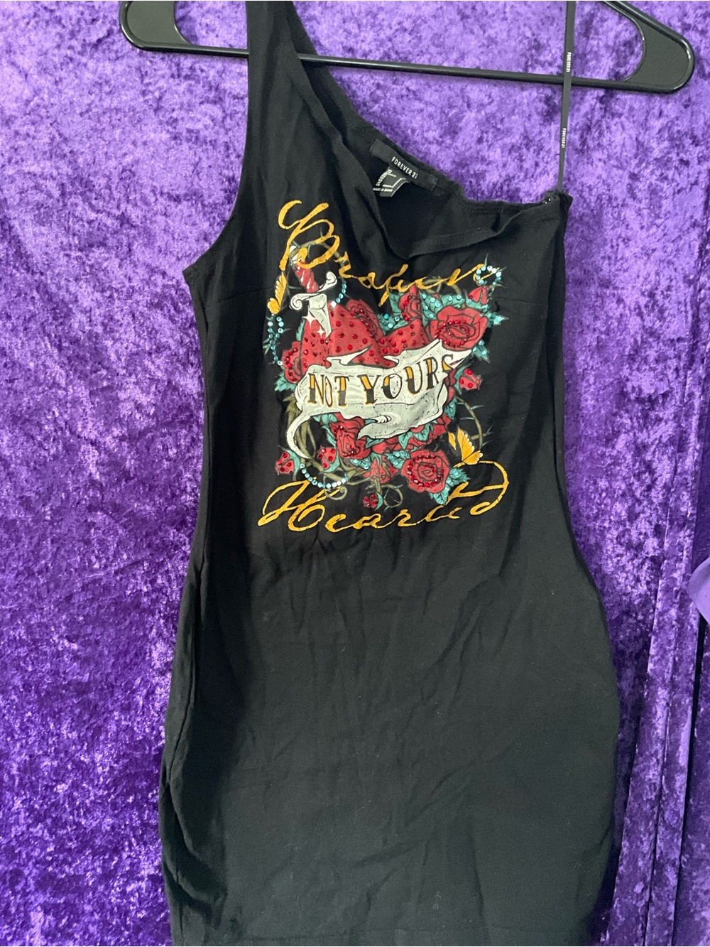 Forever 21 Black Graphic Tank Dress with Red & Green Heart and Rose Print